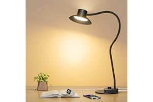 Woputne LED Desk Lamp with USB-C & USB-A Charging Ports, 5 Color Modes & Stepless Dimming, 1400LM Adjustable Bedside Reading Light with Flexible Neck, Perfect for Study, Home Office, Crafts, Draw