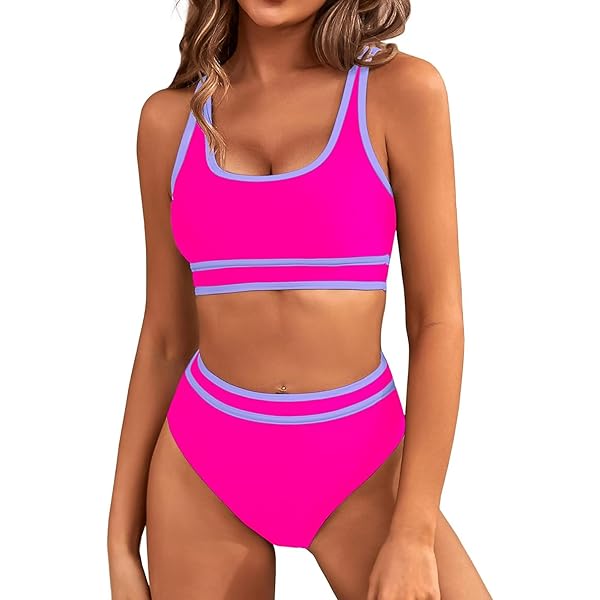 Nadeer Dames bikiniset V-hals hoge taille tweedelig badpak elegant push-up badmode crossover zwempak, blauw gestreept, M