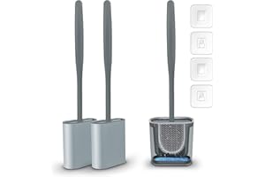 YOGINGO 2 PACK Toilet Brush and Holder, Deep Cleaner Silicone Toilet Brush, No-Slip Long Handle and Flexible Bristles, Quick Drying,Toilet Bowl Cleaning Brush Kit for Bathroom(Grey)