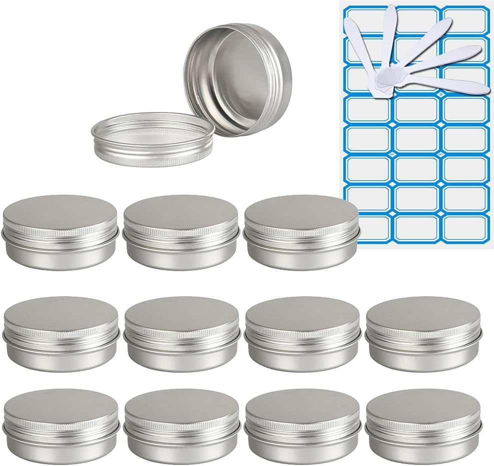 ZEOABSY 10 Piezas Tarros de Aluminio con Tapa Rosca 60ml, Plata Tarros de Aluminio Vacíos Redondo para Contenedor De Cosméticos Cremas Caja de almacenaje con 5 Espátula y 1 Etiqueta