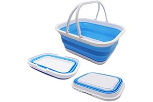 SAMMART 15.5L Collapsible Tub with Handle - Portable Outdoor Picnic Basket / Crater - Foldable Shopping Bag - Space Saving Storage Container (White/Marine Blue)