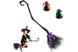 Ntwdby Halloween Hexenbesen, Hexenbesen Kinder mit 3 farbigen Bändern, 130cm Halloween Reisigbesen, Hexe Magischer Besen, Abnehmbare Cosplay Besen Requisiten, für Kinder Erwachsene Kostü Dekoration