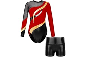 ranrann Enfant Fille Justaucorps Gymnastique Brillant avec Short Ensemble Danse Gym Strass Costume Spectacle Tenue 5-14 Ans