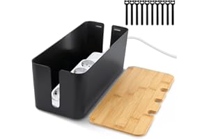 QOUBNIC Kabelmanagementbox, Kabelmanagement Box Aufbewahrungsbox für Kabel mit Bambusdeckel, Kabelaufbewahrungsbox zum Verstecken von Kabeln Organisieren von Computerverkabelung (Nero)