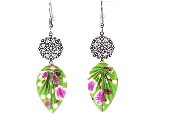 Boucles d'oreilles feuille origami avec rosace (Fleurs mauves sur fond vert)