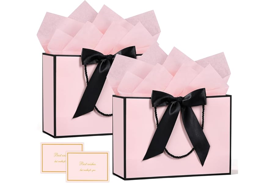 BBLIKE Medium Gift Bags for Present - 2 Pcs Birthday Gift Bag with 4 Wrappers and 2 Cards, Luxury Paper Bags with Handles for Girls Womens Wedding Party Christmas Valentines Bridesmaid (Pink Black)