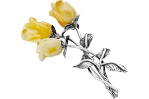 AMBEDORA Women’s Brooch, Oxidised Sterling Silver, Hand Carved Amber Roses, Silver Brooch with Three Amber Roses in Milky Colour, 5g