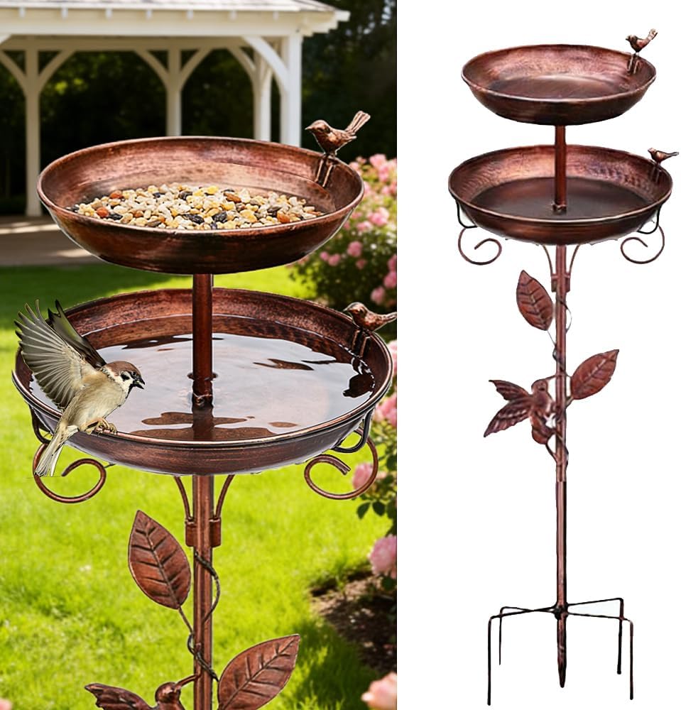 SKIKHN Comedero y Bebedero para Pájaros Exterior,117CM Metálico Bebedero para Pájaros de Pie,Baño para Pájaro para Jardín,Comedero Pajaro Exterior con Pie,Altura Baño Aves Estilo Retro Decoración