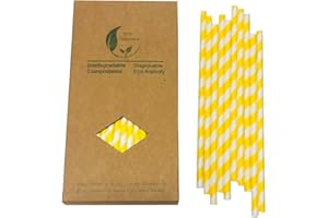 FAUVISM Pailles en Papier à Rayures Jaune, 100 pièces Biodégradables Paills à Jaunes et Blanches, Pailles Jetables pour Cake Pops, Mariages, Articles de Fête