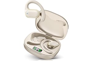 ROTRES Casque de Sport sans Fil, Casque Bluetooth 5.3 Ouvert, avec Micro HD et Annulation du Bruit ENC, Basses Améliorées, Affichage LED, Casque Bluetooth étanche IPX7 pour iOS et Android, Nude