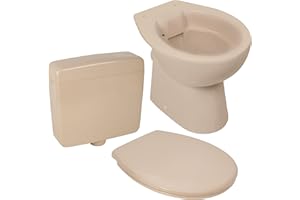 ‎CALMWATERS Calmwaters® Spülrandloses Stand WC mit waagerechtem Abgang, Komplettset mit Aufputz-Spülkasten und WC Sitz in Bahamabeige-Beige, Tiefspüler aus Sanitärkeramik, WC Sitz mit Absenkautomatik, 99000181