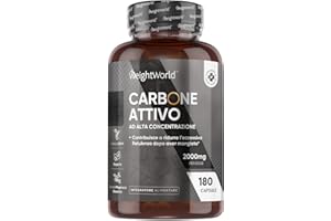 WEIGHTWORLD Carbone Vegetale Attivo da 2000mg in 180 Capsule Vegane, Il Carbone Attivo Contribuisce a Ridurre l'Eccessiva Flatulenza Dopo Aver Mangiato (EFSA), Activated Charcoal, Senza Magnesio Stearato né OGM