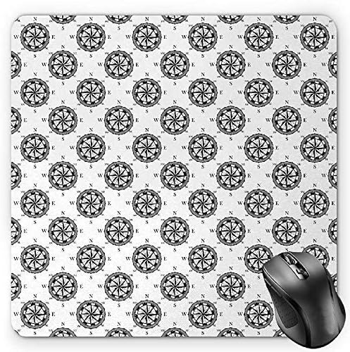 Compass Mouse Pad, Explore The Ocean Theme with Monochrome Symbols Discovery Sea Journey Adventure Gaming MousePad Office Mouse Mat Black White