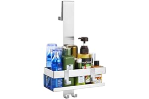 Emibele Duschablage zum Hängen, Edelstahl Duschablage ohne Bohren, Badregal ohne Bohren mit Haken, Shampoo Lotion Halterung, Duschkorb Handtuchhalter Wandregal für Glastür Badezimmer, Silber