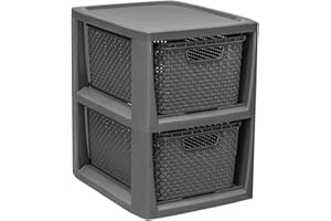 BranQ Home essential, Rattan Design BPA Free Plastic 2 Drawer Storage Unit, Ideal for Home Office, Bedroom and Bathroom Storage, 29.5 x 24 x 32.8 cm (LxWxH) - Anthracite