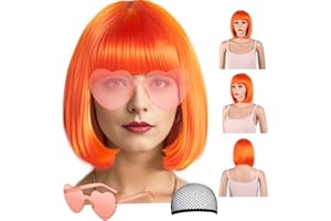 DAJOOEE Party Wigs Wig Cap and Sunglass Set,Short Bob Hair Wigs Straight with Flat Bangs Synthetic Colorful Cosplay Daily Party Neon Wig for Women (Orange)