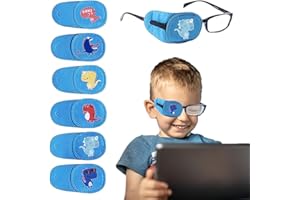 VJUYSW 6 cache oeil enfant pour lunettes, réutilisables masque de nuit, adaptés à l'œil droit (pour traiter l'amblyopie, l'hypopnée, le strabisme, etc.), motif dinosaure bleu (spécialement pour l'œil droit).