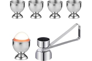 VVHFXD Lot de 5 coquetiers en acier inoxydable avec pied, empilables, 1 embout à œufs, ouvre-œuf, argent, pour camping, plateau petit déjeuner