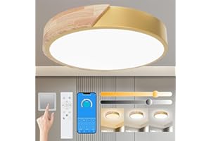 Yexati Ceiling Light Wood,Dimmable Ceiling 3000K-6000K,Remote Controlled Led Ceiling Light,24W Modern Light Fixture for Living Room, Bedroom and Hallway, 30CM，Gold