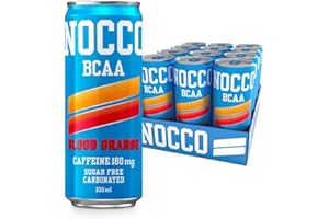 NOCCO Sugar Free Energy Drink – BCAA, 180mg High Caffeine, with Amino Acids & Vitamins, Ideal for Pre Workout – 12 x 330ml (Blood Orange Del Sol)