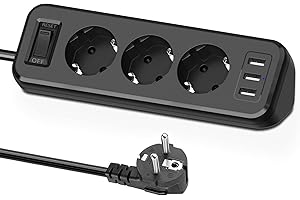 3 Fach Steckdosenleiste mit 3 USB, SUDEERY Multifunktionale Verteilersteckdose Ecksteckdose mit Schalter, Mehrfachsteckdose Überlastschutz mit 1.8m Verlängerungskabel für Küche, Schwarz