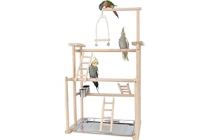 RoseFlower Wooden Bird Playground Parrot Playstand, Perches Stand for Conure, Parakeets, Budgie, Cockatiels, Lovebirds, Bird Cage Accessories with Swing, Ladder, Feeder Cups, Tray #3
