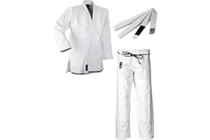 Ju-Sports Fortaleza BJJ Gi Herren weiß + BJJ Gürtel weiß - Leichter & schlank geschnittener Brazilian Jujutsu Anzug für Einsteiger 100% Baumwolle, Verstärkter Kniebereich
