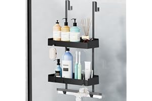 Wisfame Duschablage zum Hängen, Duschregal zum Hängen für Glasduschtüren, Shampoo Halterung für Dusche, Duschkorb Duschablage Ohne Bohren Schwarz mit 8 Haken, Edelstahl 65.5x30x11.2 cm