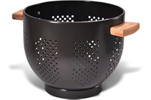 beifeier Metal Colander with Wooden Handle and Sturdy Base, 5.5 Quart Large Strainer for Draining Pasta Vegetable Fruit, Durable Kitchen Essentials (Light Black)