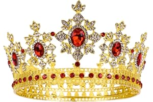 FRCOLOR Baroque Crown Queen Full Round Crowns Rhinestone Beads Vinatge Princess Tiara Wedding Headpiece for Women,Bride(Gold Red)