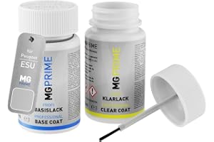 MG PRIME Billack lackstift för Peugeot ESU Blanc Okenite Nacre Metallic +1K | Set med baslack + klarlack, bättringsfärg, lackflaskor med pensel, à 50ml