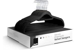 KEPLIN Velvet Hangers 20 Pack - Non-Slip Clothes Hangers with Tie Bar & 360° Hook - Durable & Sturdy, Space-Saving Wardrobe Organisers for Suits, Jackets & Clothes- Home Storage Solution (Black)