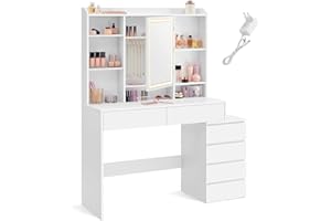 ‎VASAGLE VASAGLE Kolekcja KAILYN z oświetleniem LED o regulowanej jasności, toaletka z lustrem, otwarte przegródki, regulowane półki, miejsce do makijażu, nowoczesna, biała chmurka RDT624W01