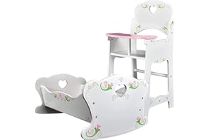 THE MAGIC TOY SHOP Magic Toy Shop BiBi Doll Wooden Baby Doll Highchair and Rocking Cradle Set - Furniture for Doll Accessories