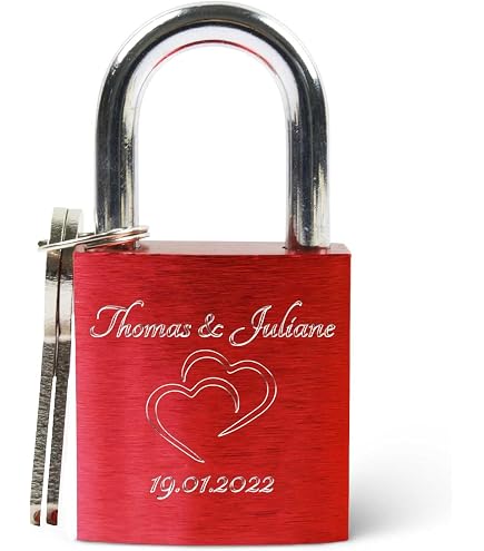 Cadenas Cœur Gravure Personnalisable GRAVURZEILE - Or Avec Clé Cœur, Cadeau Saint-Valentin