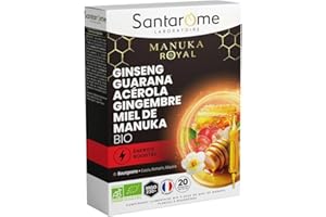 Santarome Bio - Ginseng Guarana Acérola Miel de Manuka Bio - Complément alimentaire énergie & immunité - Booster d'énergie - 20 ampoules - France