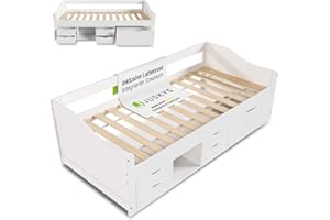 ‎JUSKYS Juskys Funktionsbett Nalu 90x200 cm - Holz Bett mit Lattenrost & Schubladen - Stauraumbett für Kinder - Jugendbett, Kinderbett, Gästebett - Weiß