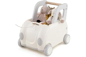 COSTWAY Wózek do nauki chodzenia dla niemowląt, pomoc w nauce chodzenia z uchwytem, linką do ciągnięcia i składanym siedziskiem, skrzynia na zabawki na kółkach, wózek do jazdy konnej, chodzenia i