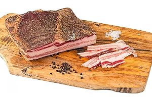 SALUMERIA DI MONTE SAN SAVINO Pancetta Tesa mit Kräutern Bauchspeck aus der Toskana am Stück (350gr)