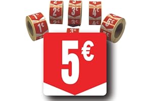 Affichesstore 30265 - Rouleau de 500 Étiquettes Autocollantes 5€ - Format Carré 35x35mm - Brillantes - Adhésives - Stickers Prix Ronds Euros