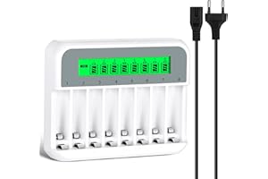 AXFEE Caricabatterie per Pile Ricaricabili, AA AAA 8 Slot Batterie Caricabatteria, Schermo LCD può visualizzare la capacità, adatto per batteria al litio da batteria Ni-Mh/Ni-Cd1,2 V