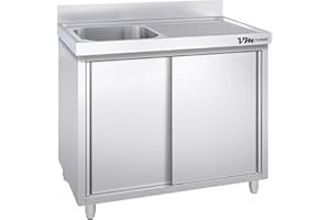 VM Europa - Gastro Spülschrank mit 1 Becken Links + Schiebetüren - 140 x 70 cm - AISI 430 Edelstahllegierung - Einbaubecken Unterschrank - Spültisch Gastronomie Spüle Spülbecken Waschtisch