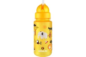 LittleLife Children's Water Bottle With Easy-Access Lid & Straw, 400ml, Yellow Safari