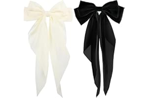 FNZBSY 2 Pcs Big Hair bow,Hair Bows for Women, Bow Hair Clip, Elegant Solid Color French Barrette Bows For Hair With Long Silky Satin Hair Barrettes Accessories Bow Hair Clips for Women Girl（Black+Cream）