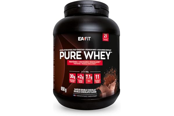 WHEY PROTEIN - Double Chocolat - EAFIT - Marque Française N°1 en Nutrition Sportive - 30g de Proteine Whey - BCAA - Shaker Proteine - Pre Workout, Musculation - Protéines Whey - 850 g