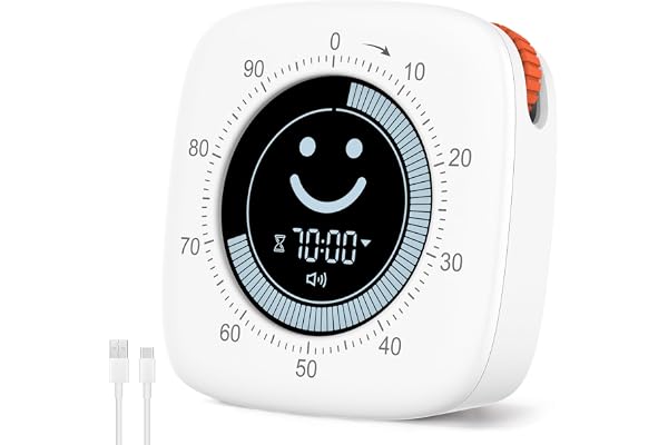 Cuteefun 100 minuters Pomodoro visuell timer med smiley-display, snabb glidning, tyst och vibrationsläge, justerbar volym, ko