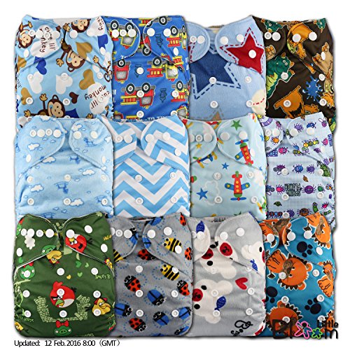 LittleBloom, Reusable Pocket Cloth Nappy, Fastener: Popper, Set of 12, Patterns 1206, With 12 Microfibre and 12 Bamboo Inserts, (see "Special Offers and Product Promotions" for Special Offers Detail)