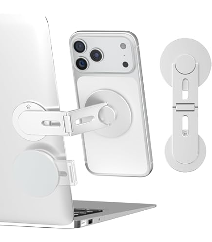 ALAFLY Magnetische laptoptelefoonhouder compatibel met MagSafe iPhone, dubbele as 180° verstelbare zijtelefoonhouder, slanke draagbare opvouwbare standaard voor computer/Tesla/monitor/loopband, zwart