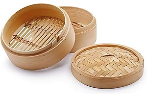H&H Cuocivapore in Bambù, 2 Piani, con Coperchio – Cestello per Cottura a Vapore, 20 cm – Ideale per Carne, Pesce, Verdura e Ravioli