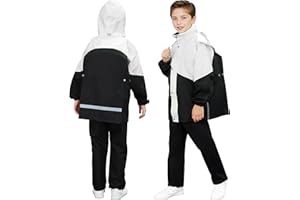 Baogaier Kids Waterproof Suit Boys Girls Unisex Hooded Raincoat Rain Trousers Set Lightweight Breathable Zip Puddle Jacket Pants Suit with Storage Bag Rainwear for Camping Hiking Age 8-14 Years